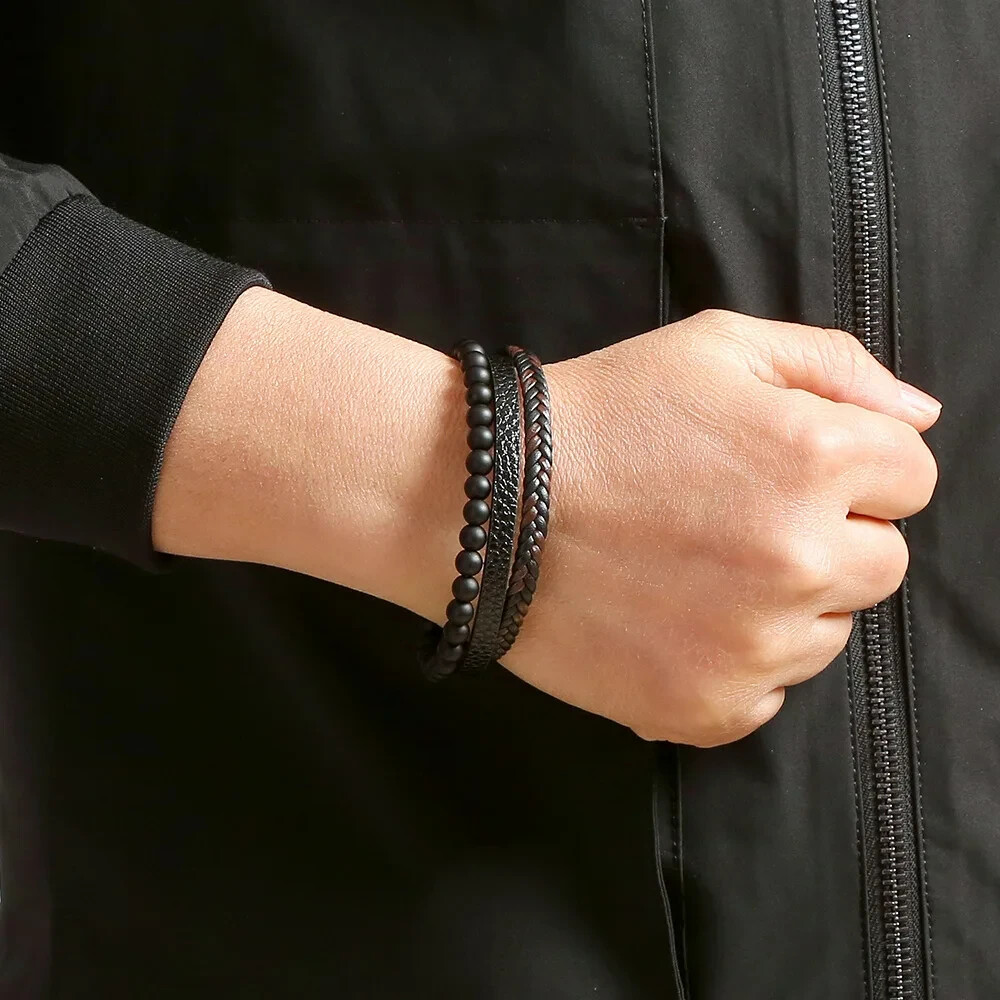 Men's Black Onyx Beads Gemstone Braided Leather Bracelet Magnetic Clasp Bangle gallery