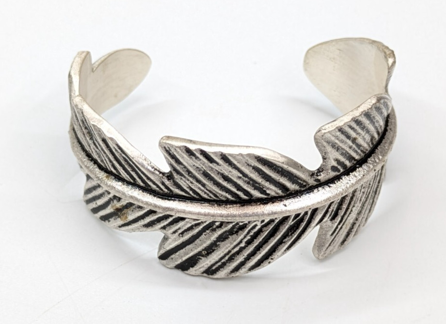 Rustic Cuff Textured Silver Tone Feather Boho 1 1/8" Wide Cuff Bracelet gallery