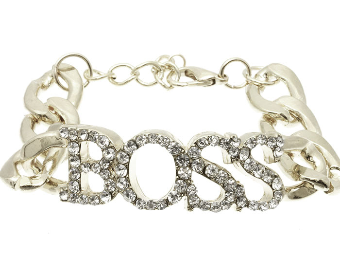 Hip Hop & Club Fashion Silver Chain Bracelet with BOSS Pendant in Crystal Bling