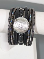 Black Faux Leather Multi Cord Silver Tone Brushed Magnetic Bracelet Boho 6.5″