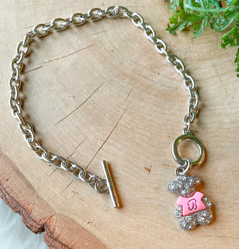 Brighton Silver TEDDY Bear Charm Bracelet Pink Shirt Rhinestones Animal Toggle gallery
