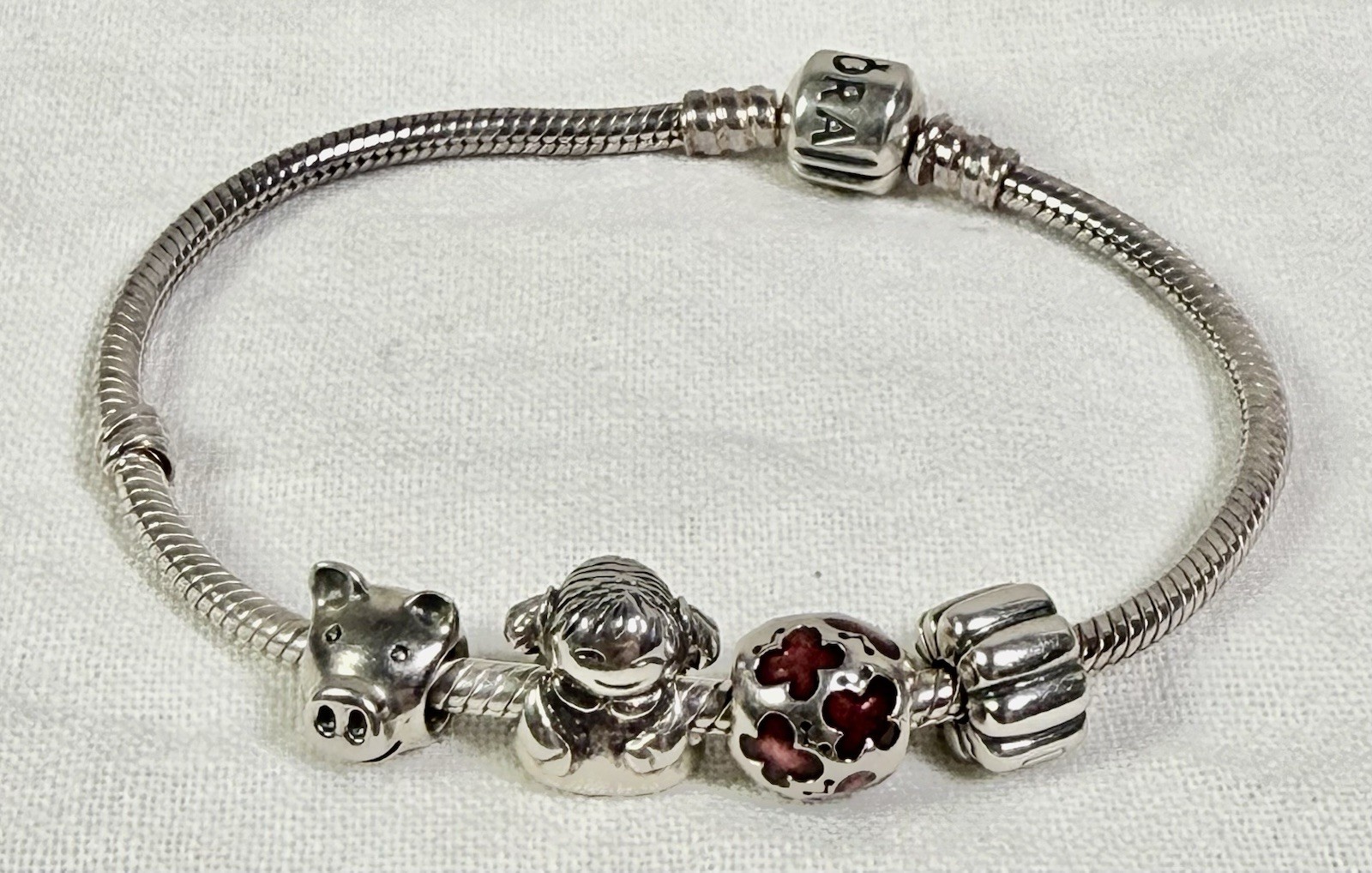 Pandora 7.9" Bracelet 20cm w Pig, Girl, Butterfly Bead & Clip All .925 Silver gallery