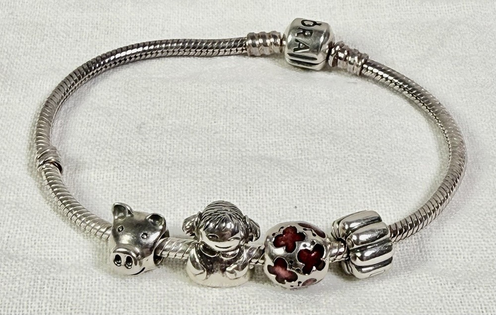 Pandora 7.9" Bracelet 20cm w Pig, Girl, Butterfly Bead & Clip All .925 Silver