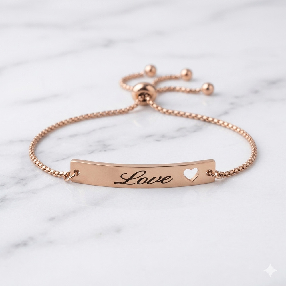 Rose Gold Plated Stainless Steel Adjustable LOVE Engraved Cutout Heart Bracelet