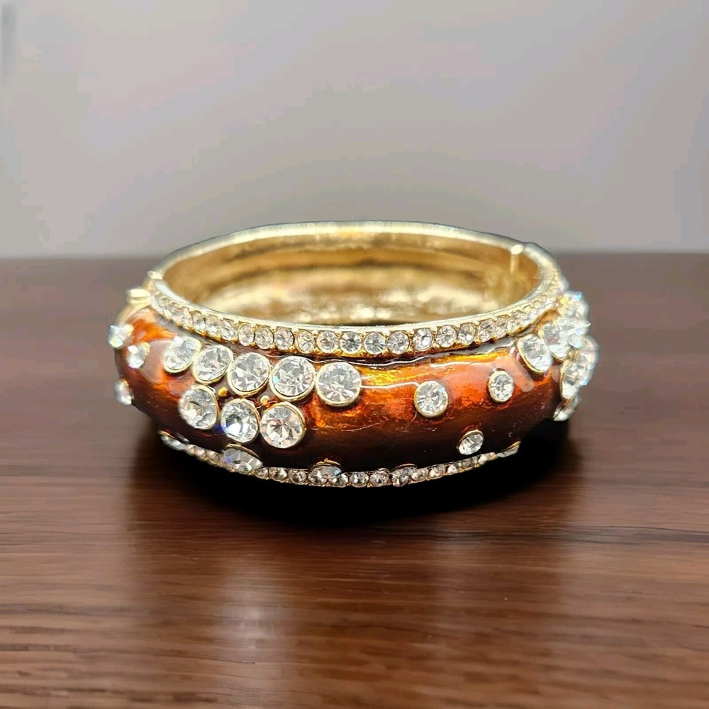 Amber Enameled Gold Tone Cuff Bangle Bracelet Rhinestone Crystals Armlet Hinged