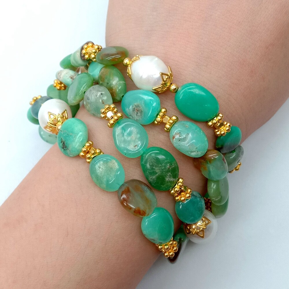 Natural 4 Strands Green Chrysoprase Cultured White Rice Pearl Bracelet 8.5 gallery