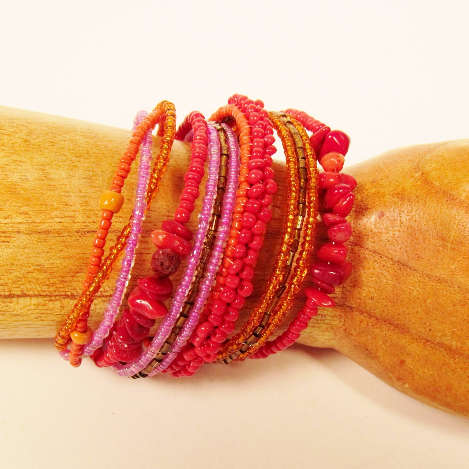 2" Red Orange Multi Strand Beaded Bangle Handmade Seed Bead Cuff Bracelet gallery
