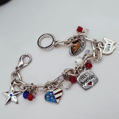 Patriotic Charm Bracelet Red White & Blue Beads Heart Star USA & Apple Pie Charm