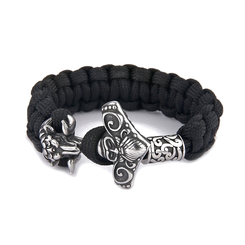 Stainless Steel Viking Goat&Odin Thor Hammer Mjolnir Parachute Rope Bracelet