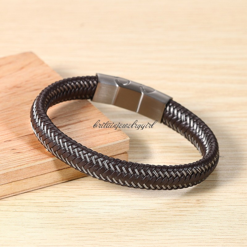 8"-8.5" Black Leather Braided Wrap Bracelet Magnetic-Clasp Men Bangle Adjustable gallery