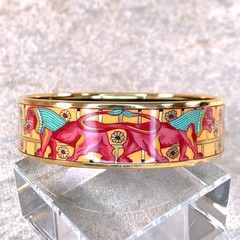 Vintage Hermes Bangle Bracelet Orange Pink Enamel Sphinx Gold Finish 70