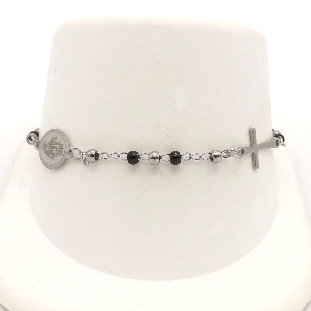 Stainless Steel Rosary Madonna Medal Cross Anklet Bracelet New 9in Adjustable