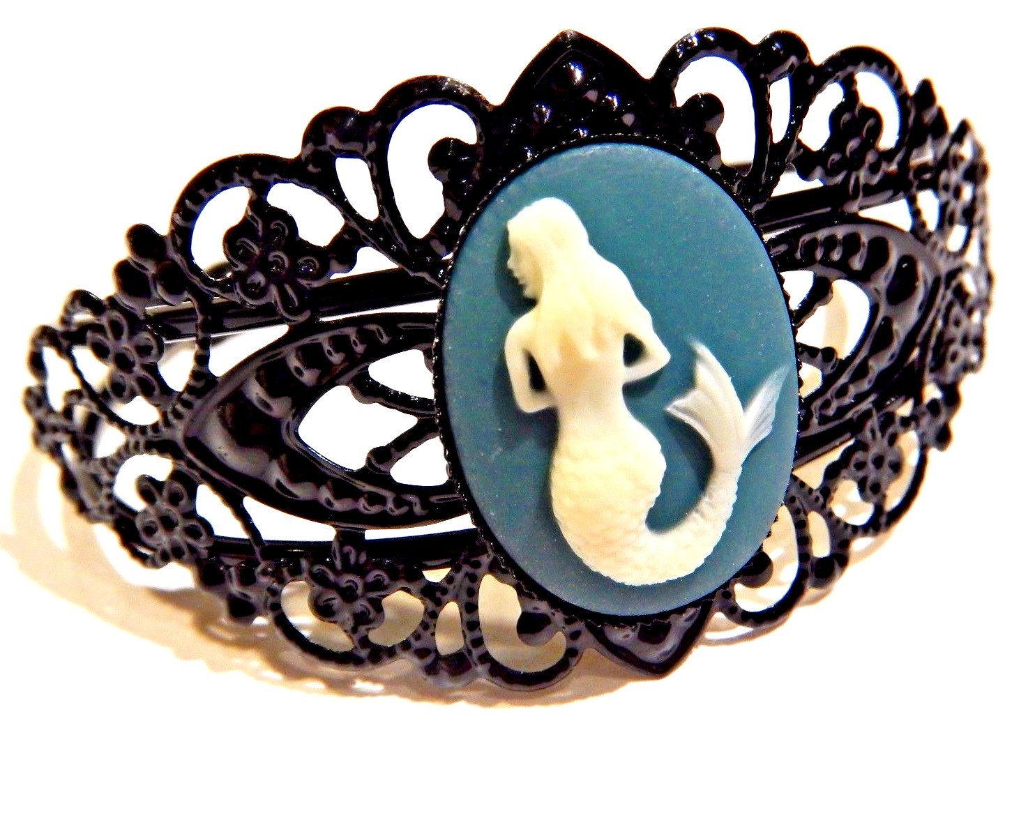 BLACK METAL MERMAID CAMEO FILIGREE BANGLE painted bracelet teal cuff R3 gallery