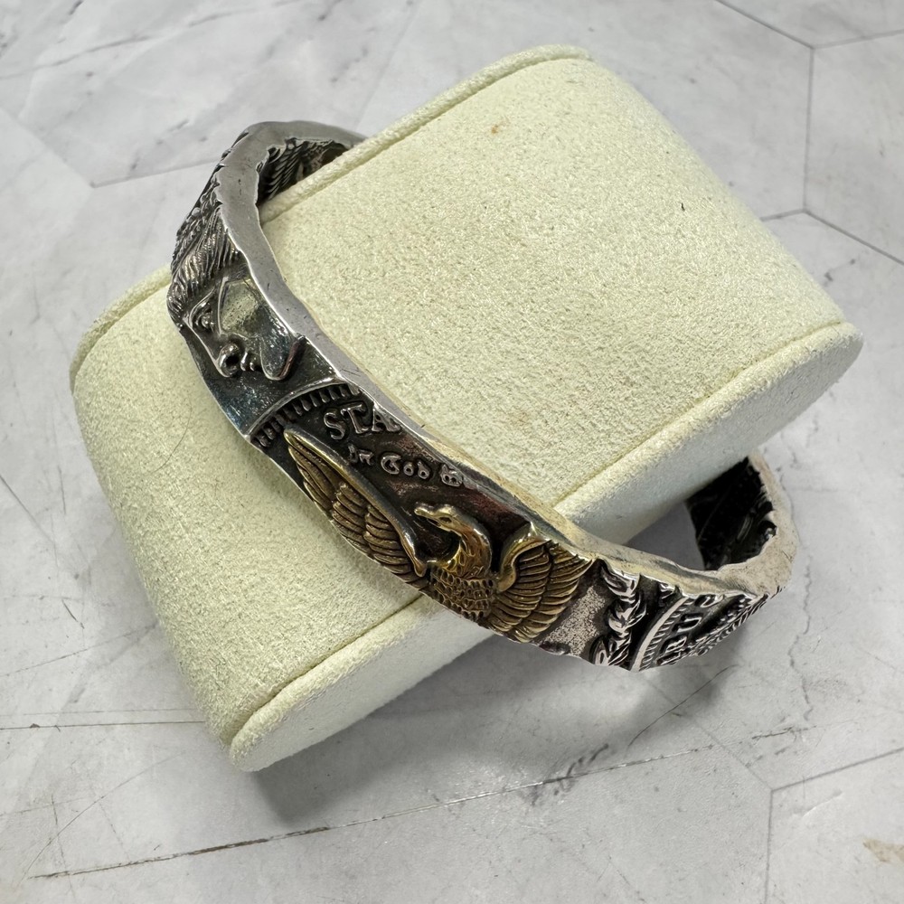 Faux Morgan Dollar Coin Cuff Bracelet Silver & Gold Tone Eagle 6" Double Sided