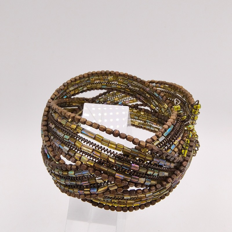 Boho Chic Memory Wire Cuff Bracelet Yellow-Green Glass Wood Seed Beads gallery