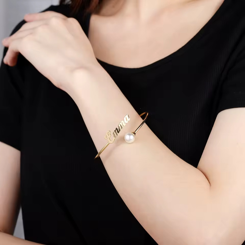 Custom Name Pearl Bracelet Stainless Steel Jewelry Adjustable Bangle Silver Gold gallery