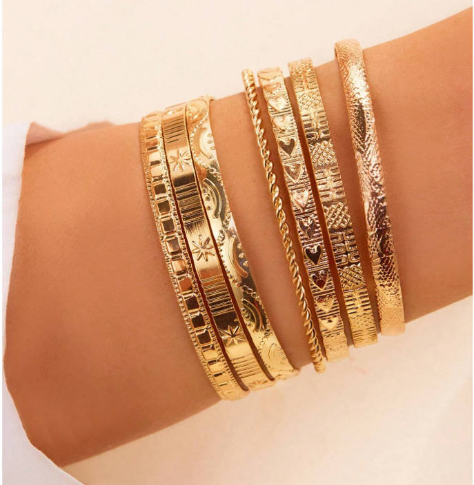 7pcs Hexagram Hammered Cable Open Bangle Bracelet Set – Stylish Layered Look gallery