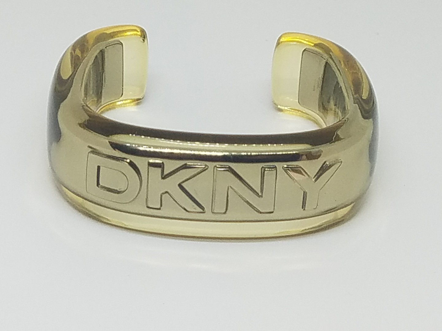 Retro DKNY Clear Yellow Plastic Over Steel Logo Cuff Braclet gallery