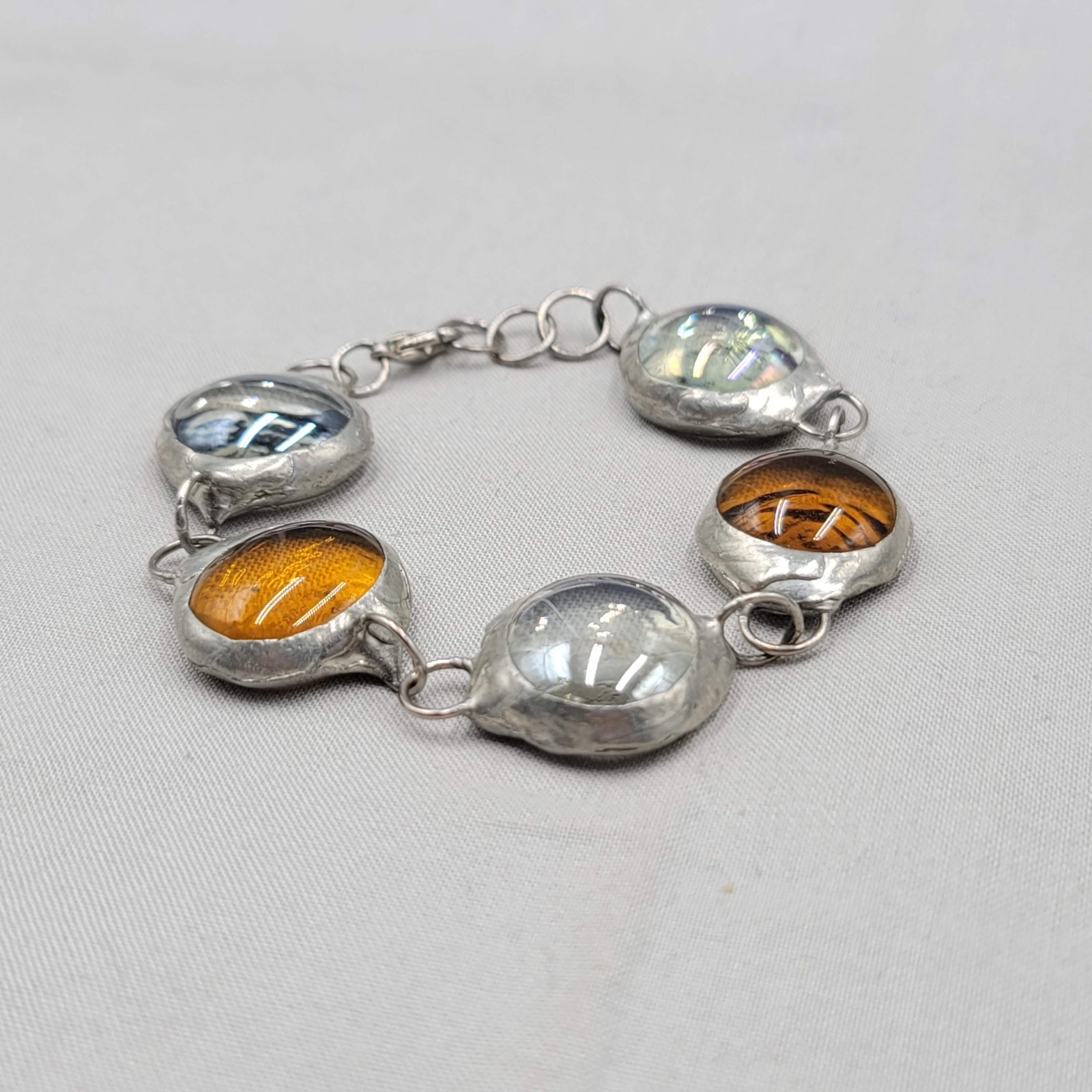 Handmade Glass Cabochon Orange Bracelet Silver tone Iridescent 7" gallery