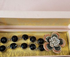 Miu Miu Pink And Black Enamel Flower Statement Bracelet