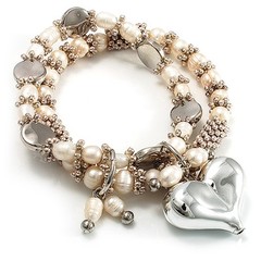 2 Strand Freshwater Pearl Puffed Heart Flex Bracelet (Silver Tone)