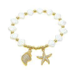 Starfish Pearl Bracelet – White Shell Beaded Stretch Bracelet with Crystal Starf
