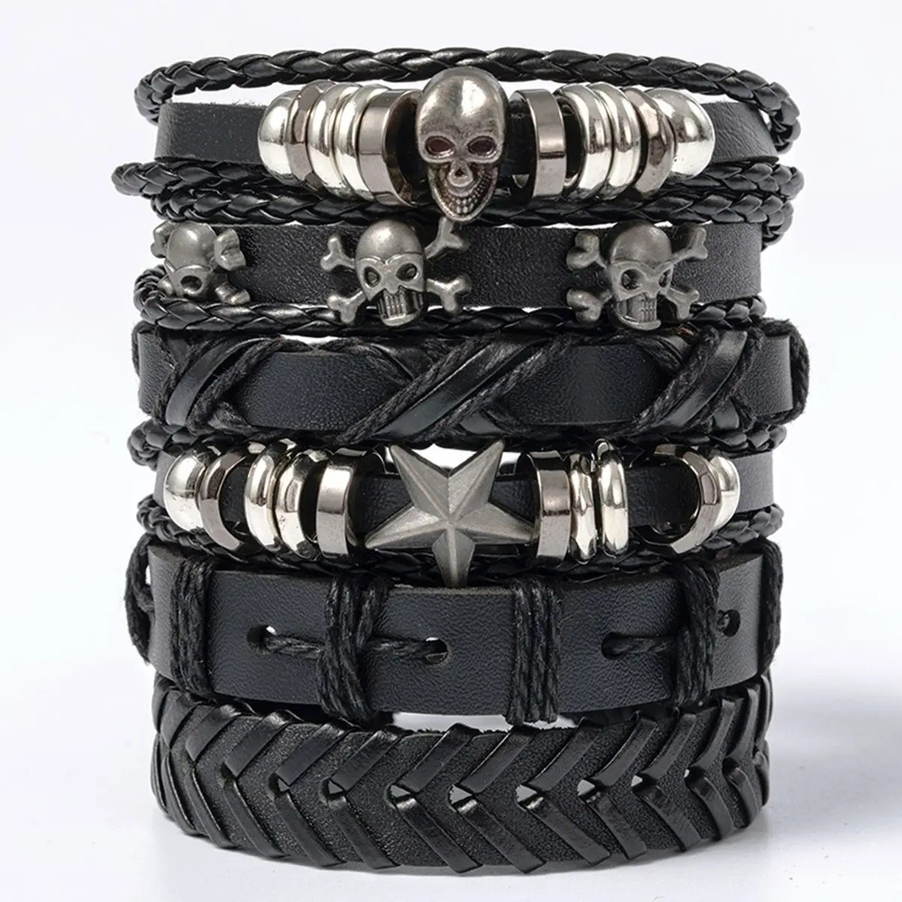 6pcs/Set Black Punk Skull Star Shaped Alloy Pu Leather Bracelet Punk Hip Pop