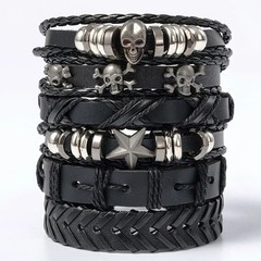 6pcs/Set Black Punk Skull Star Shaped Alloy Pu Leather Bracelet Punk Hip Pop