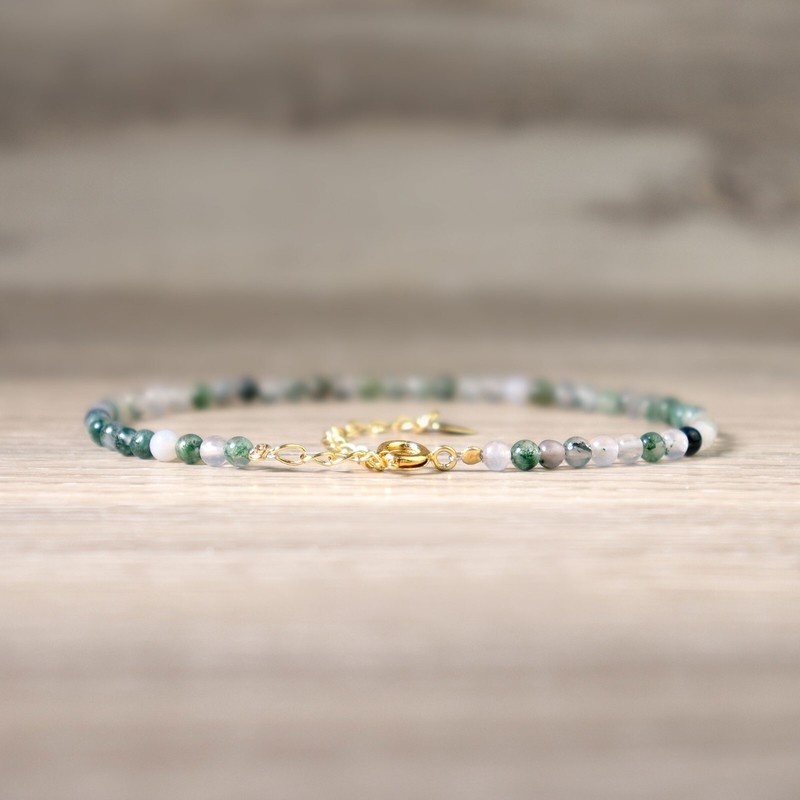 Moss Agate Crystal Gemstone Dainty Bracelet Minimalist Healing 3mm Round Beads gallery