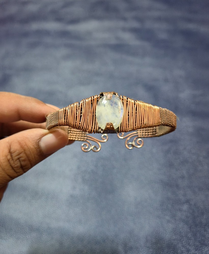 Moonstone Bangle Copper Wire Wrapped Cuff Bracelet Adjustable Bangle