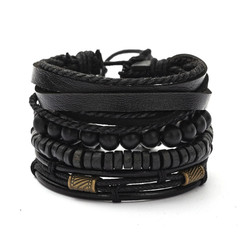 4pcs Vintage Multi-Layer Wooden Beads Leather Bracelets Unisex Set – NEW