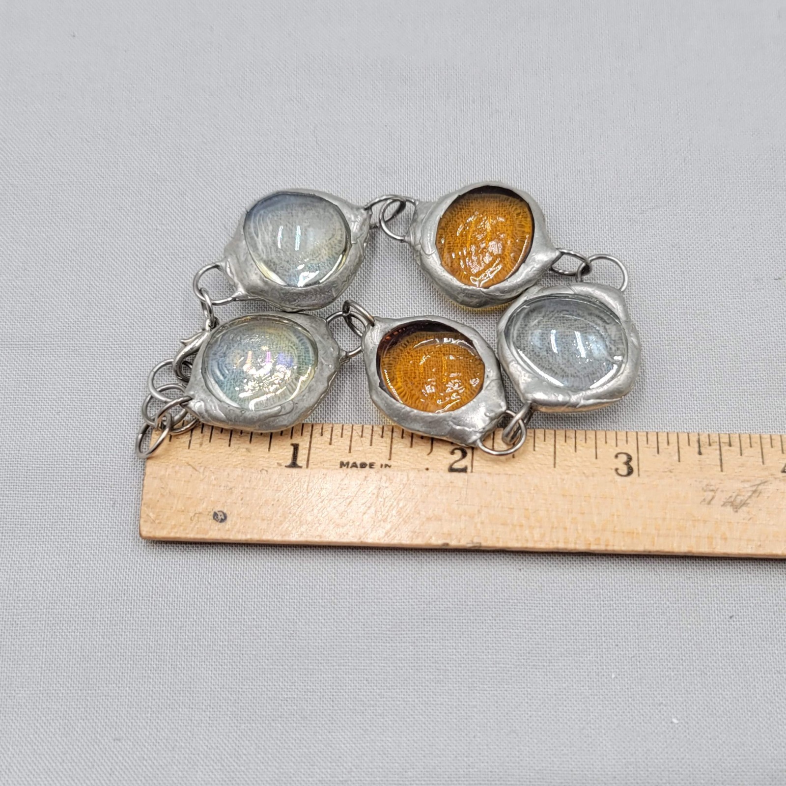 Handmade Glass Cabochon Orange Bracelet Silver tone Iridescent 7" gallery