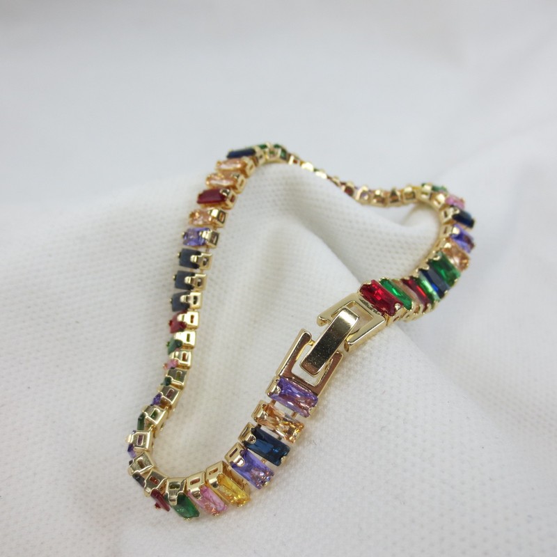 18k Yellow Gold Filled Tennis Baguette Multi Rainbow AAA CZ 7.5" Bracelet 6 mm gallery