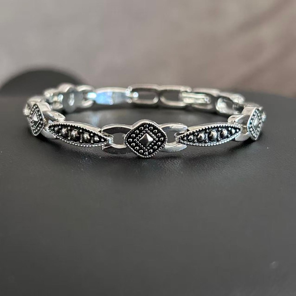 Vintage Style Silver Tone Geometric Link Bracelet Art Deco Black Textured Metal