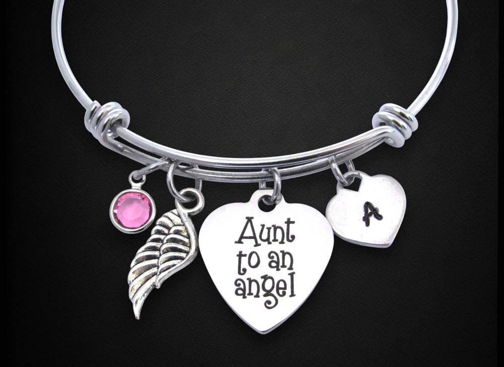 Aunt to an Angel Bracelet w/ Initial & Birthstone, Memorial Loss of Niece Nephew