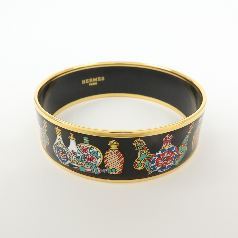 HERMES Email GM Gold Plated Bangle Bracelet Black Gold Authentic Used F/S gallery
