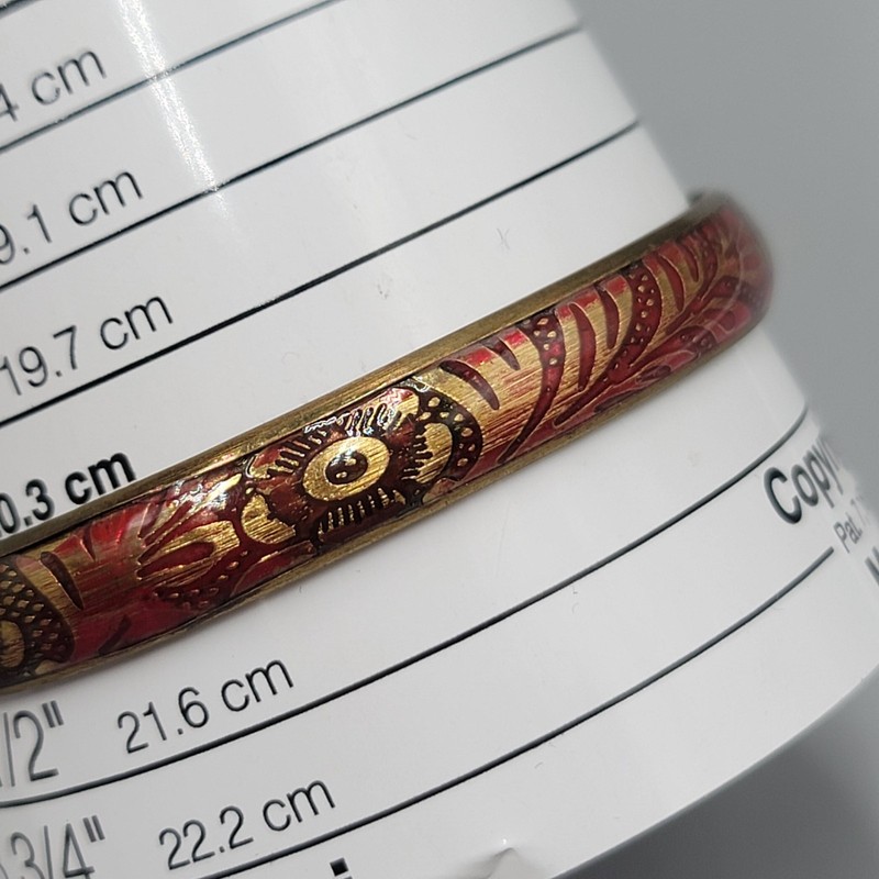 Brass Red Enamel Bangle Bracelet Floral Design India 8.25" gallery