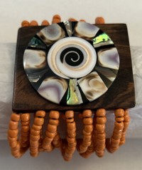Statement Stretchy Bracelet Multi Strands Orange Beads Wood & Mother Of Pearls 7