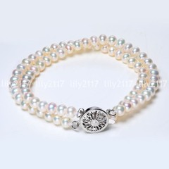 2 Rows Genuine Natural 5-6mm White Freshwater Cultured Pearl Bracelet 7.5″