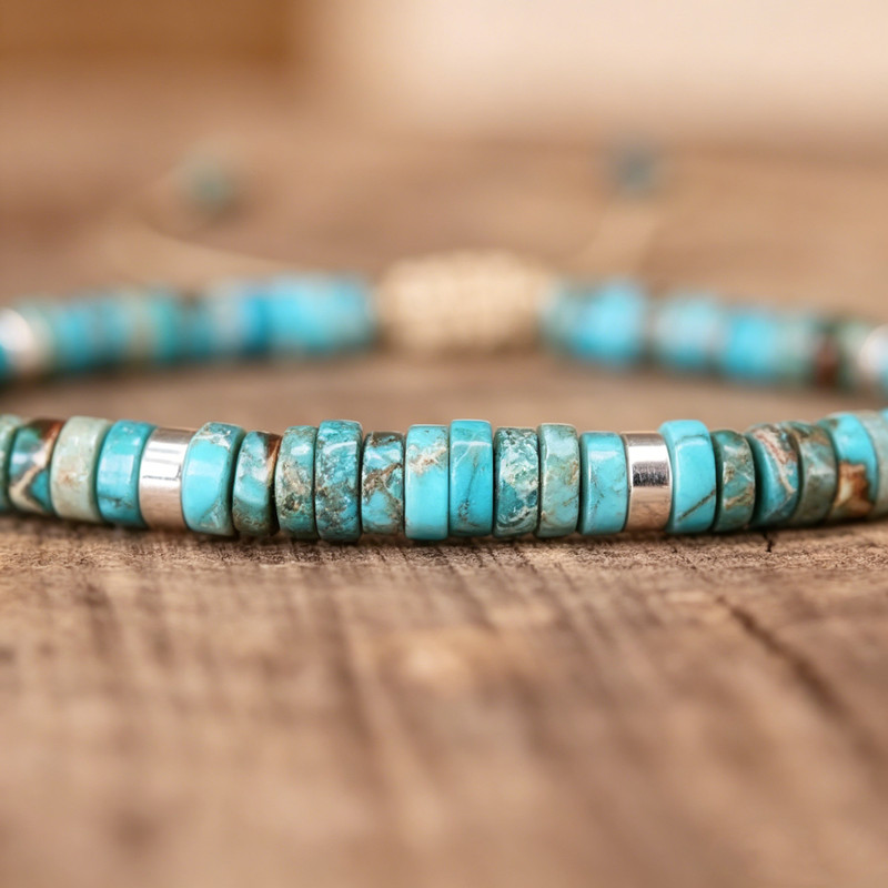 Blue Sea Sediment Jasper Heishi Bead Adjustable Bracelet Boho Healing Crystal gallery