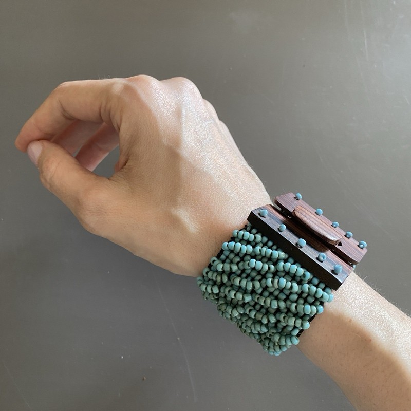 Turquoise Blue Glass Seed Bead Wood Stretch Bracelet Boho 4.5 cm Wide 21 cm Long gallery