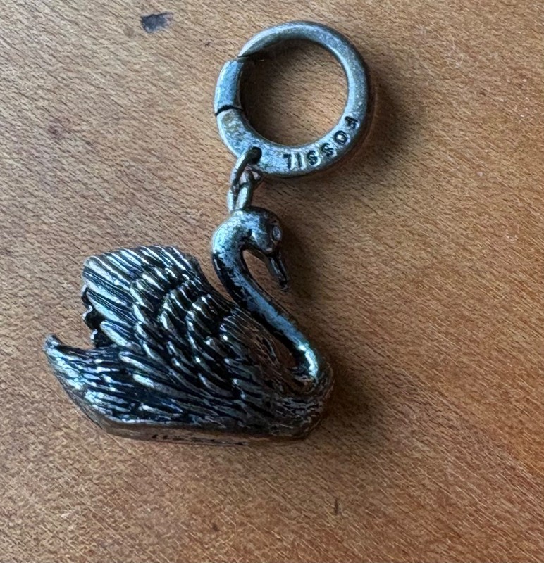 Fossil Swan Charm for Bracelet Signed Silver Tone Signed Bird 1.25" gallery