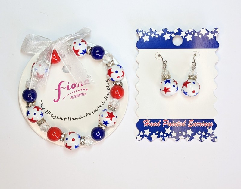 4th of July Bracelet Earring set RWB Stars Beaded Stretch Bracelet Earrings gallery
