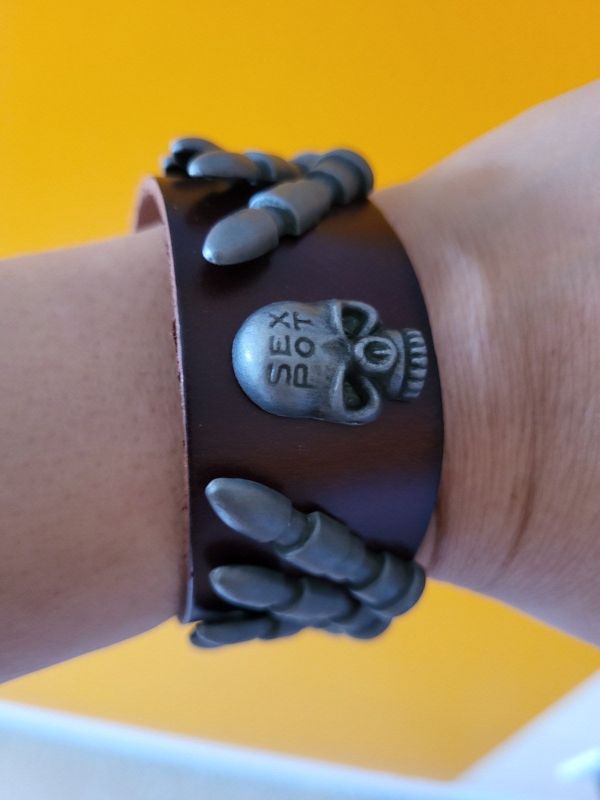 Punk Rock Biker style leather Bracelet Bullet Skull leather cuff gallery