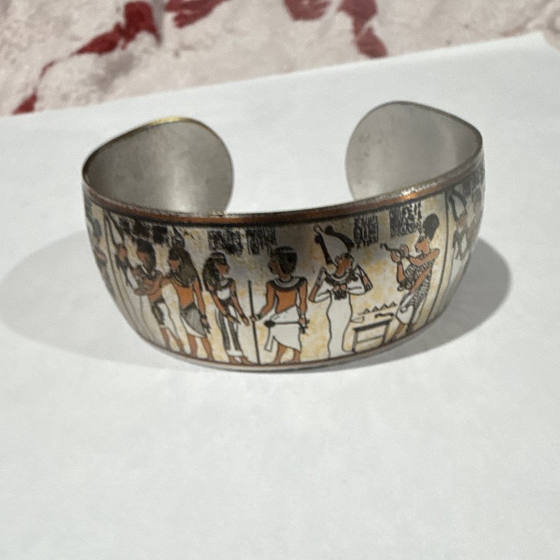 Frieda Barton Signed Silverplate Cuff Bracelet, Egyptian Motif Scene gallery