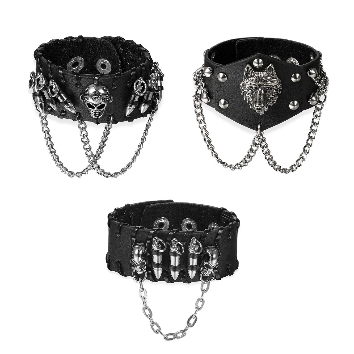 3PCS Skull Bullet Rivet Chain Lions Head Leather Cuff Bracelet Wristband Bangle gallery