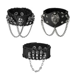 3PCS Skull Bullet Rivet Chain Lions Head Leather Cuff Bracelet Wristband Bangle