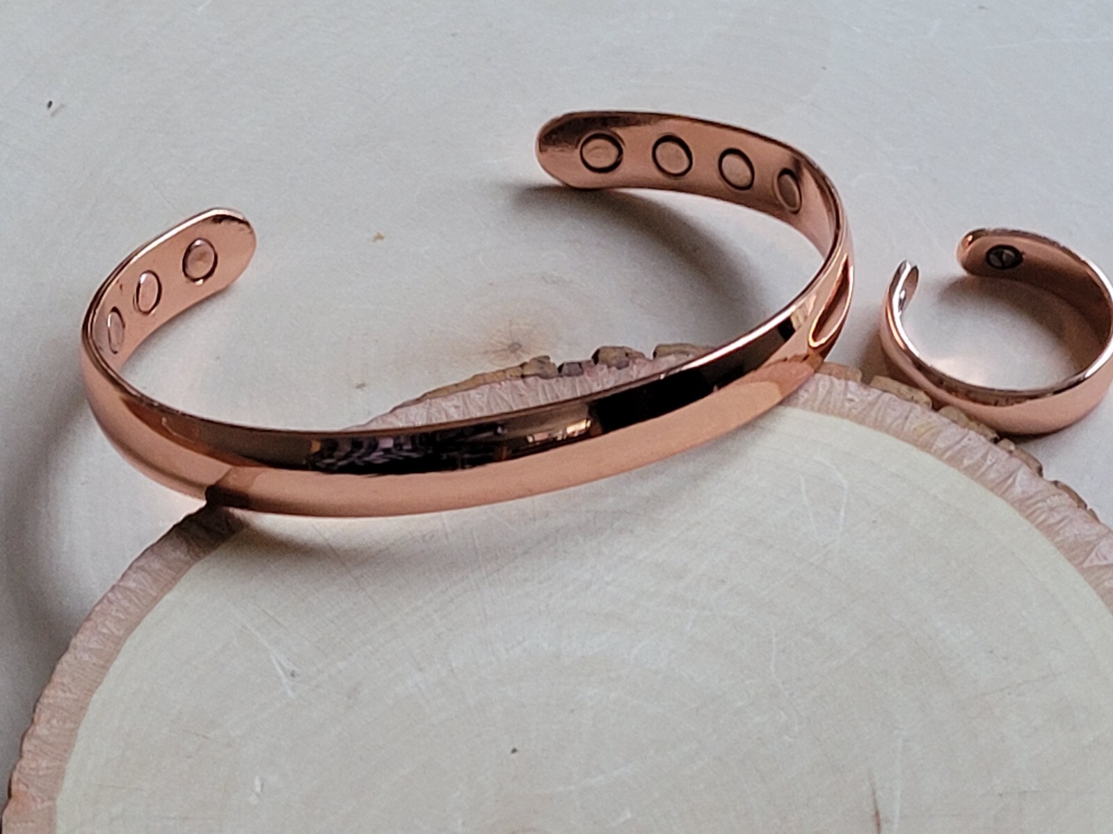 Solid Copper Magnetic Bracelet Ring Set Arthritis Men Women Cuff Ring Set Dome gallery