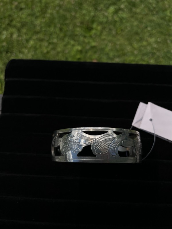 Kirk and Sons Pewter Floral Cutout Engraved Wide Cuff Bracelet Signed gallery