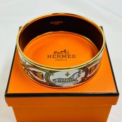 Hermes Email GM Enamel Horse Bangle White Gold Tone Vintage Bracelet Rare